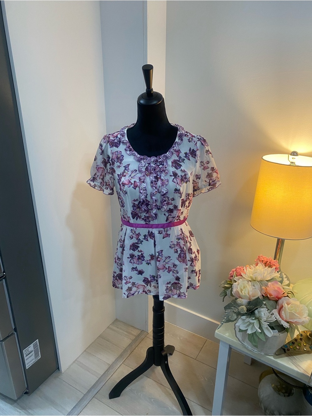 Purple Floral Ruffle Peplum Blouse in White
